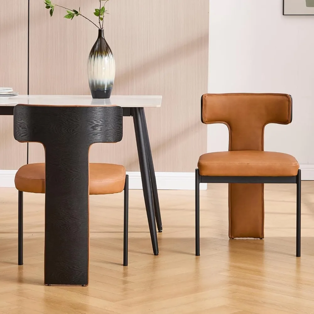 

Современный набор из 2 обеденных стульев из искусственной кожи, деревянные кухонные стулья без подлокотников с открытой спиной и черными металлическими ножками с мягкой обивкой для приема G