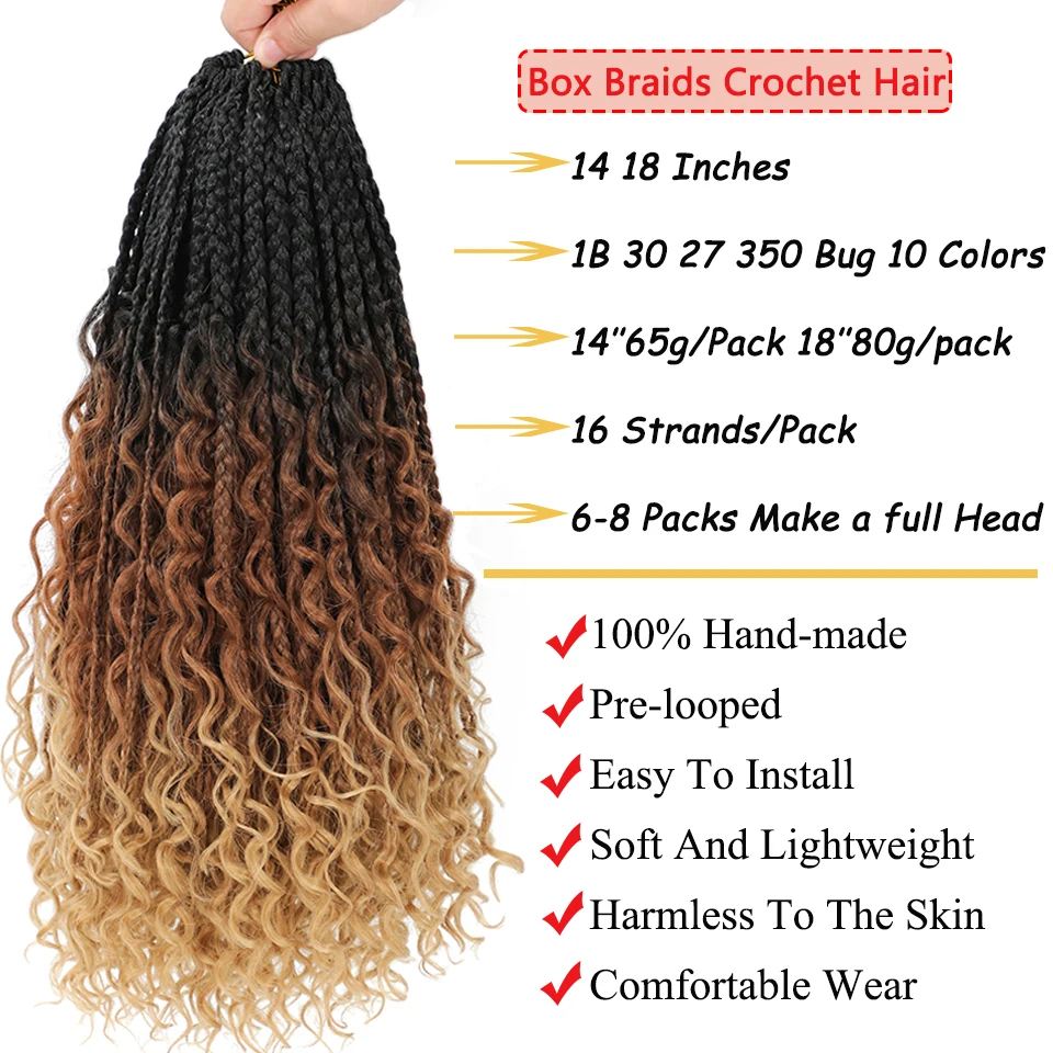 1- 6 Packs Ombre Box Braids Crochet Hair 14 18 inch Boho Goddess Box Braids Crochet Hair With Curly Ends 3X Synthetic Braid Hair