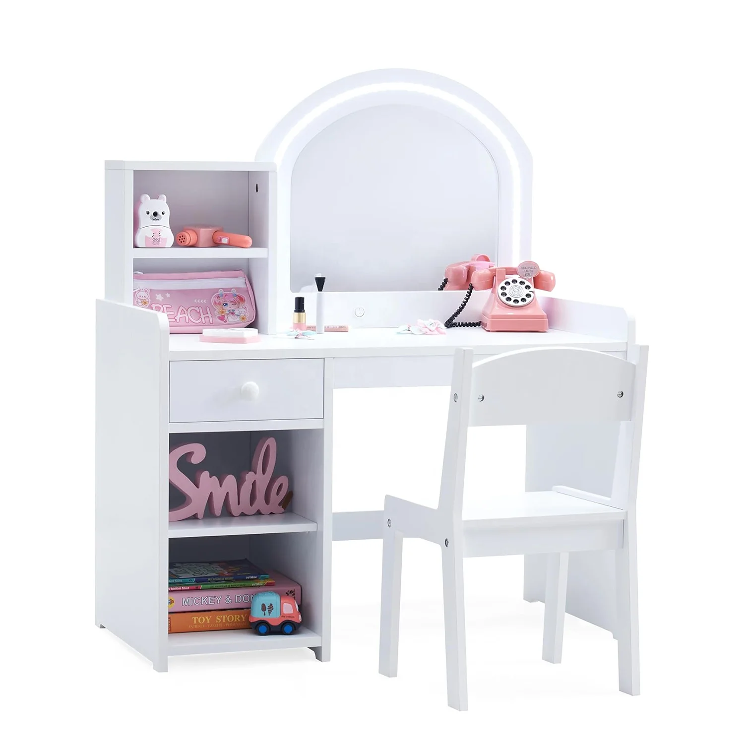 Pink Bedroom Wooden Children Kids Light Vanity Dressing Table with Mirror and Chair, Vanity Desk for Kidspromote sales