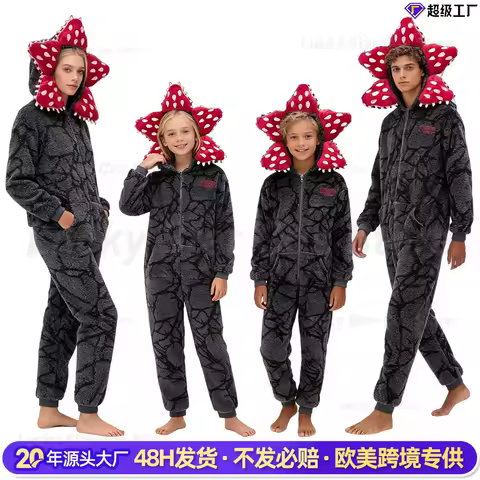 Christmas Hooded Pajamas With Demogorgon Plant Design Funny Cute Cosplay Bodysuit Winter Christmas Themed Onesie Pajamas