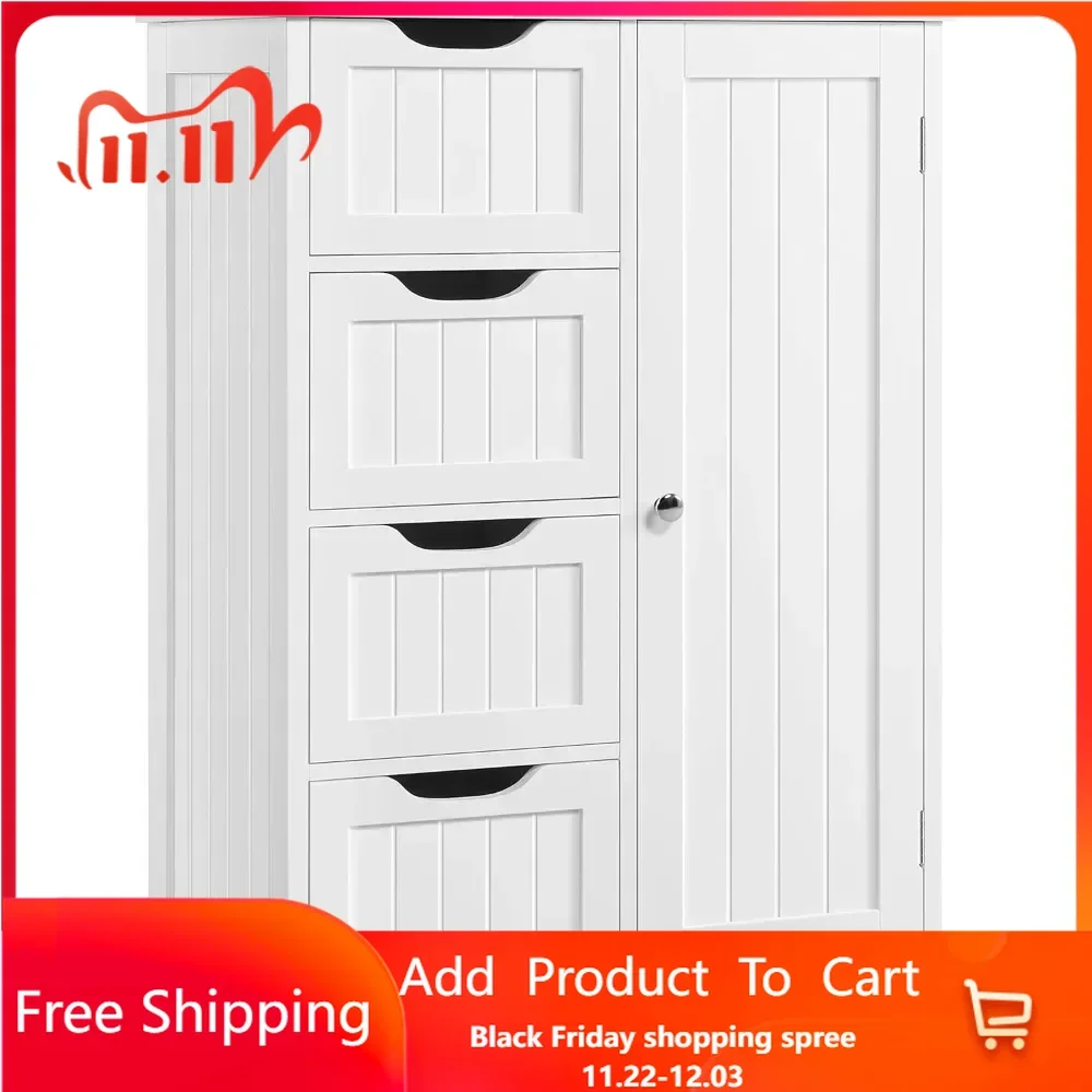 Large Bathroom Floor Cabinet with 4 Dawers and Single Door Cabinet, Freestanding Storage Cabinet for Living Room Kitchen