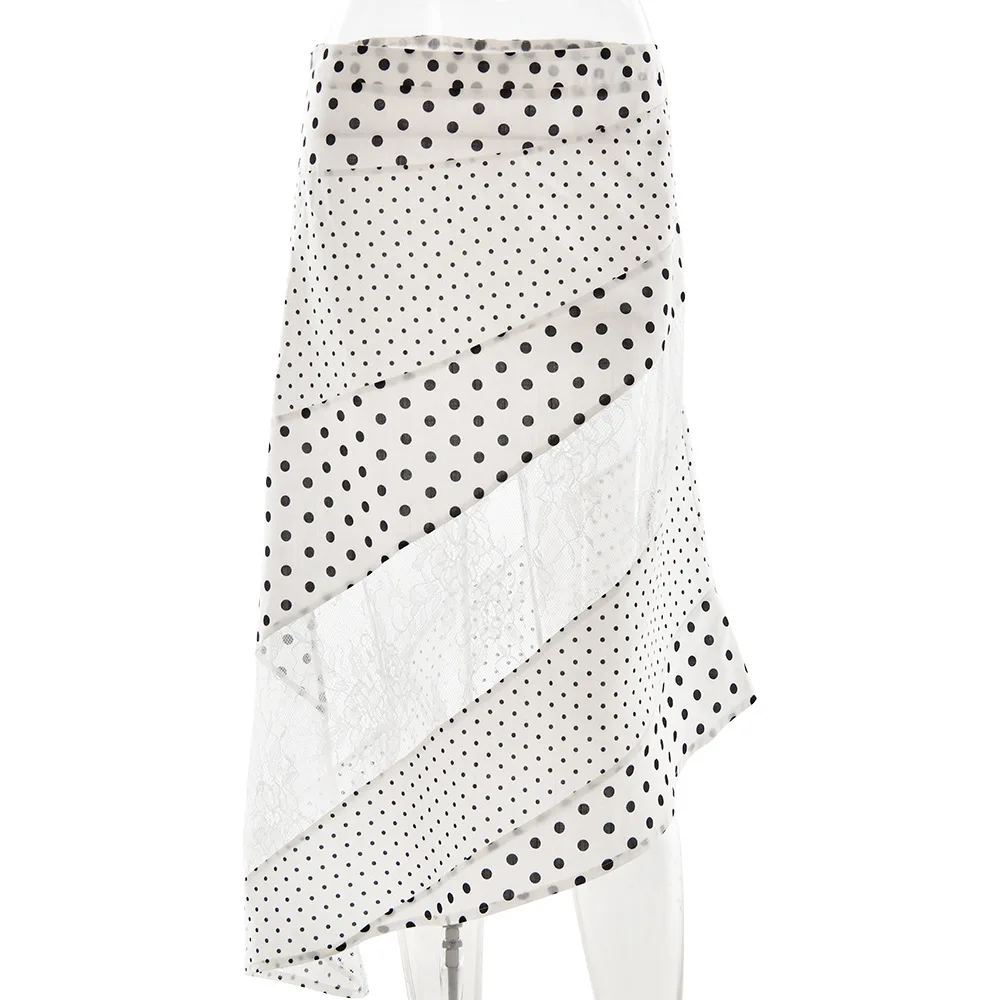 Sheer Lace Patchwork Polka Dots พิมพ์ไม่สมมาตร Maxi กระโปรงผู้หญิงแฟชั่นเอวสูง Slim Casual ทั้งหมด Streetwear กางเกง