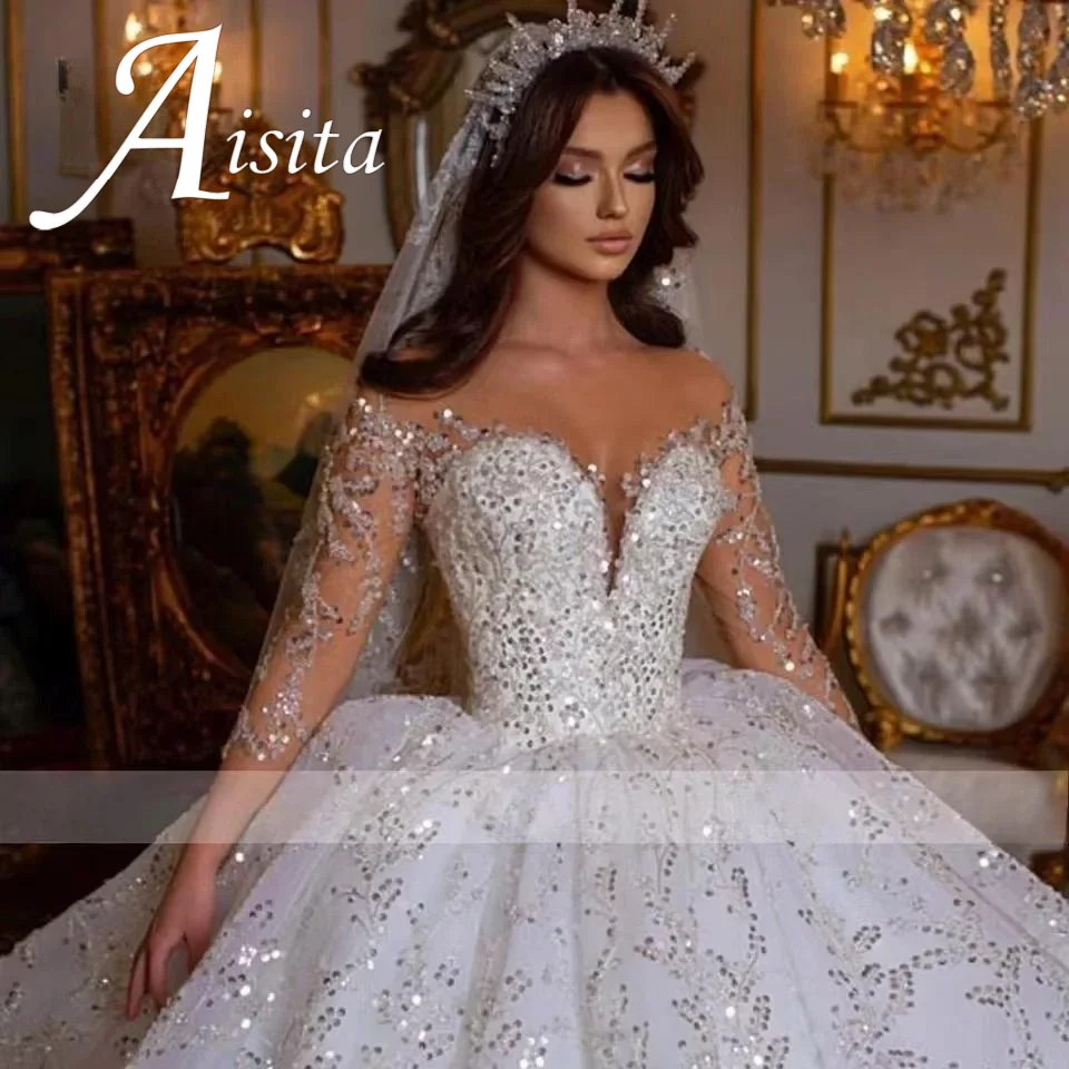 Gorgeous Bride Dress With Sweetheart Sqeuins Long Sleeves Embroidery A-Line Tulle Floor-Length Ball Gown Wedding Dress For Women