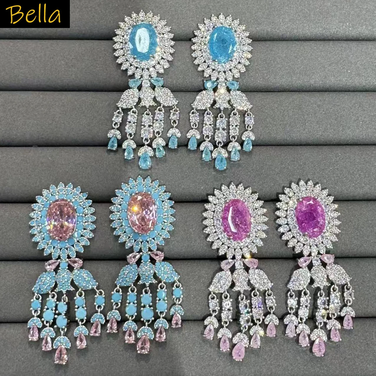 

cubic zirconia blue pink earrings for women luxury jewelry wedding party dangling earrings oval flower anniversary gift female
