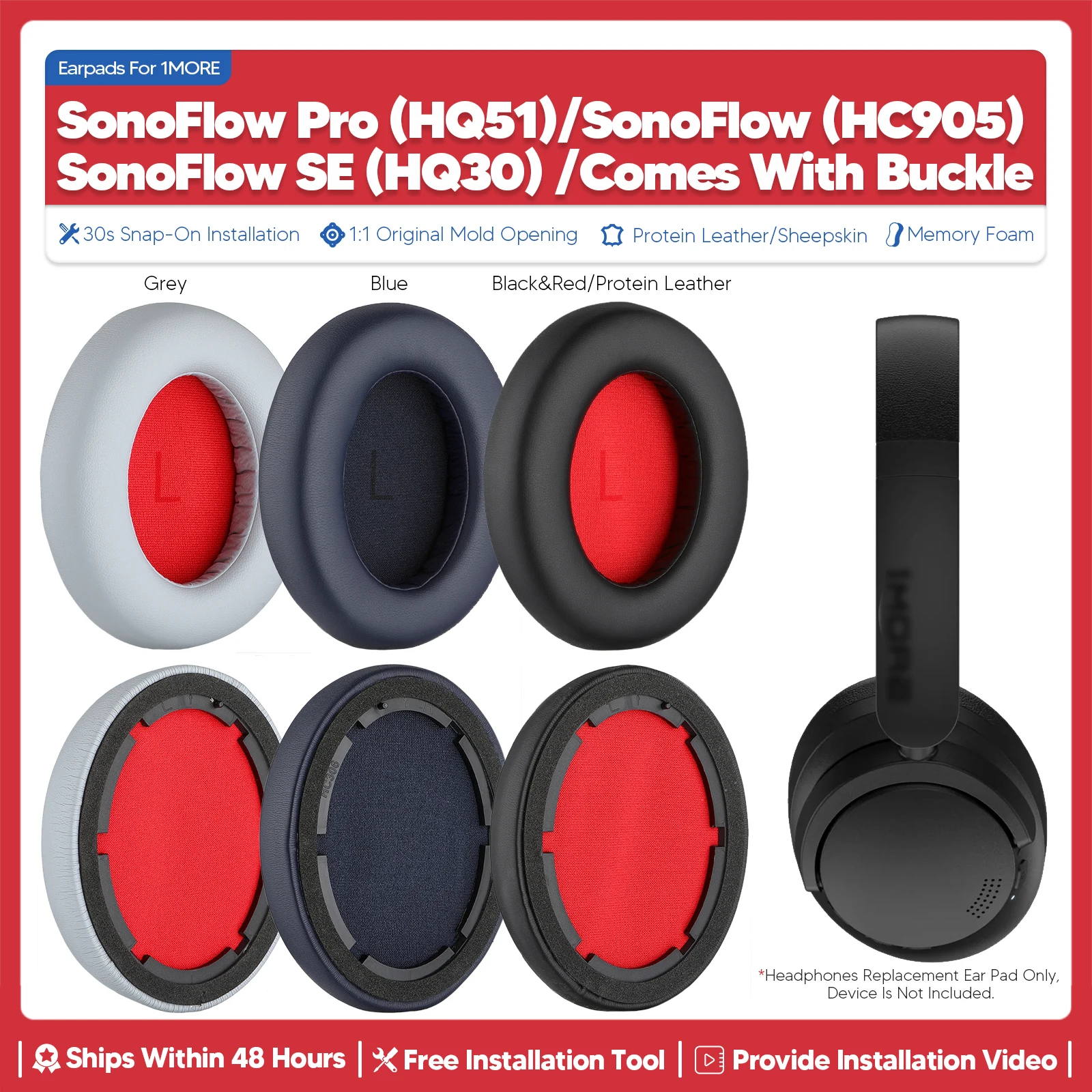 Replacement Ear Pads For 1MORE SonoFlow Pro SE HQ51 HC905 HQ30 Headphone Accessories Headset Ear Cushion Repair Parts sponge