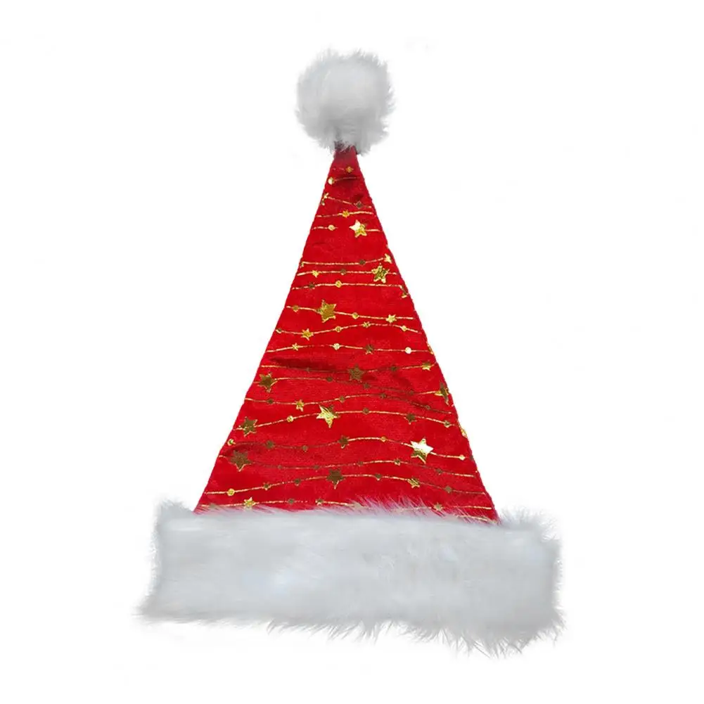 قبعة سانتا مع نجوم ذهبية قبعة عيد الميلاد خفيفة الوزن قبعة سانتا الاحتفالية مع بوم بوم بيضاء منفوشة لعيد الميلاد الجديدة للتجمع