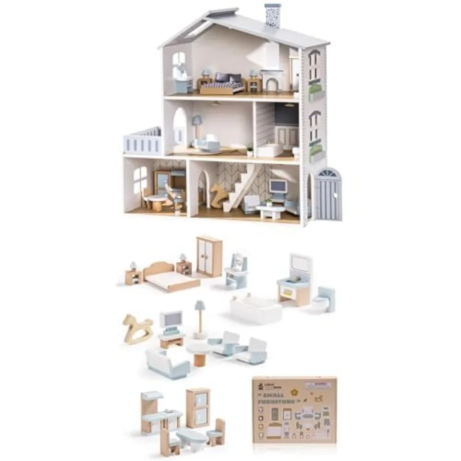 

Doll House for Toddlers: Wooden Dollhouse with 6 Rooms, 29-pcs Realistic Accessories, Nordic Style Playset, Natural Wood Color,