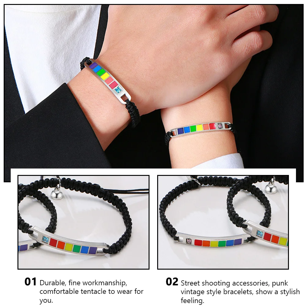 

1Pair Titanium Steel Zircon Nylon Hand Rope Adjustable Lovers Wrist Bracelet Rainbow Weaving Bracelets Trendy Gifts