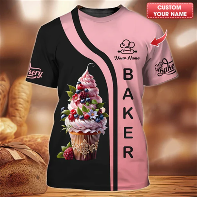 Baker Work Clothes Fashion T-shirt Personality 3D Print Food Pattern Short Sleeve T Shirts Baking Custom Name Pullover Tee 2025