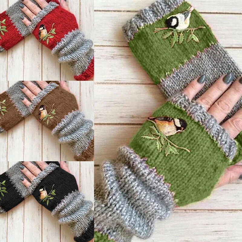 Women Embroidery Birds Gloves Cotton Fingerless Glove for Women Knitted Block Splice Mittens Girls Gloves Flip Knitting Mittens