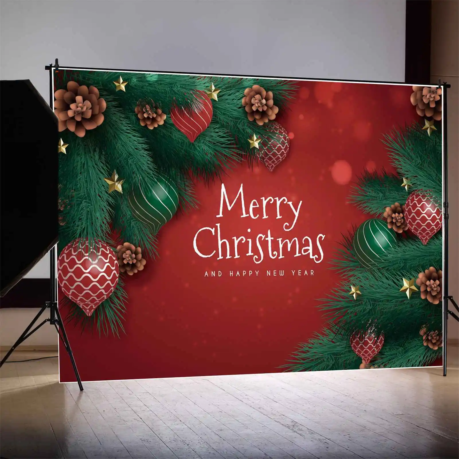 MOON.QG Backdrop Red Merry Christmas Banner Green Pine Party Wall Decoration Background Baby Light Bokeh Nut Balloon Photo Booth