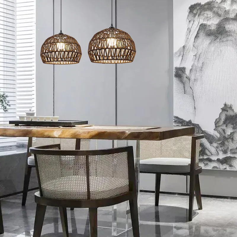 Japanese Pendant Light E27 Double-layered Glass Dining Room Lighting Home Decor Hand Woven Hemp Rope Vintage Hanging Lamps