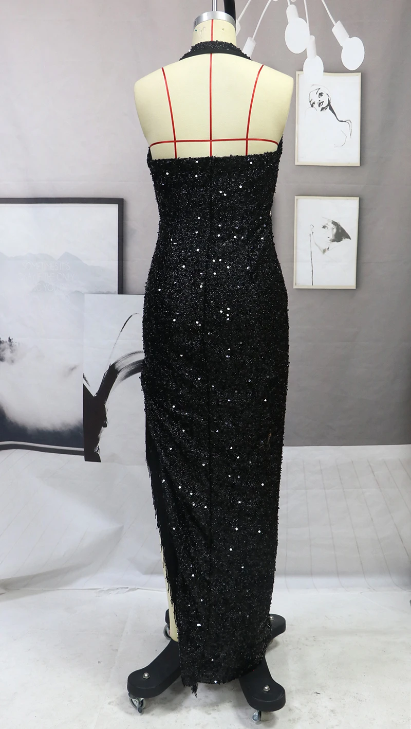 Robe de Soirée de Luxe à Paillettes Noires pour Femme, Tenue de Cocktail Sexy, Élégante, Col en V Profond, Col Licou