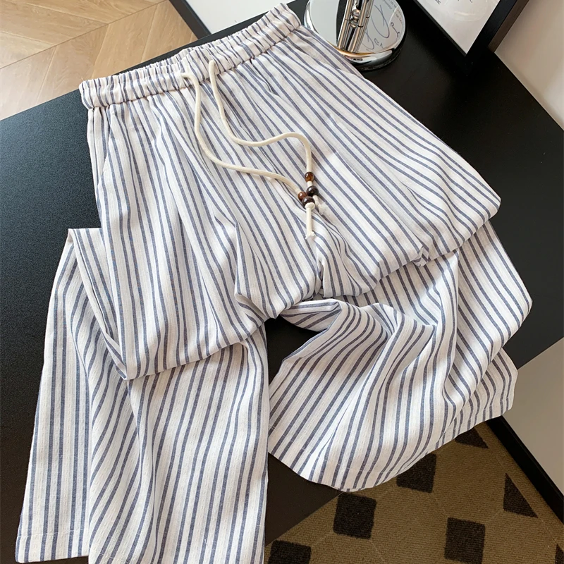 

Cotton Linen Striped Wide Leg Pants For Women Summer High Waisted Casual Trousers 2025 New Loose Drawstring Straight Leg Pants