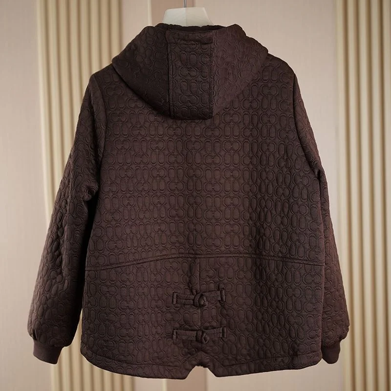 

2025 Femme, большой размер 6XL, верхняя одежда с капюшоном, осень-зима, однотонное пальто для мам среднего возраста, корейская женская куртка с длинными рукавами