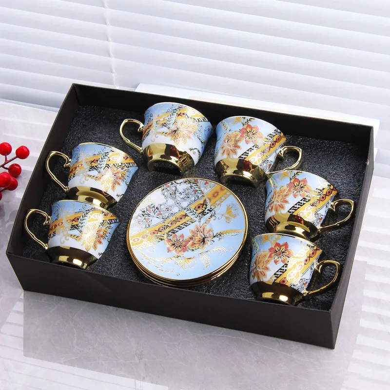 

High quality tracing gold coffee cup and saucer set, ceramic tea cup for 6 people espresso