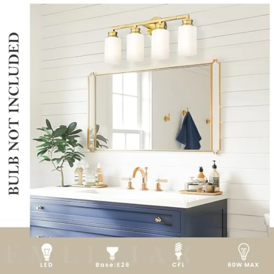 Gold Bathroom Light Fixtures Modern Vanity Light with Milk White Glass Brushed Brass Wall Sconce Over Mirror YCE253B-4W BG