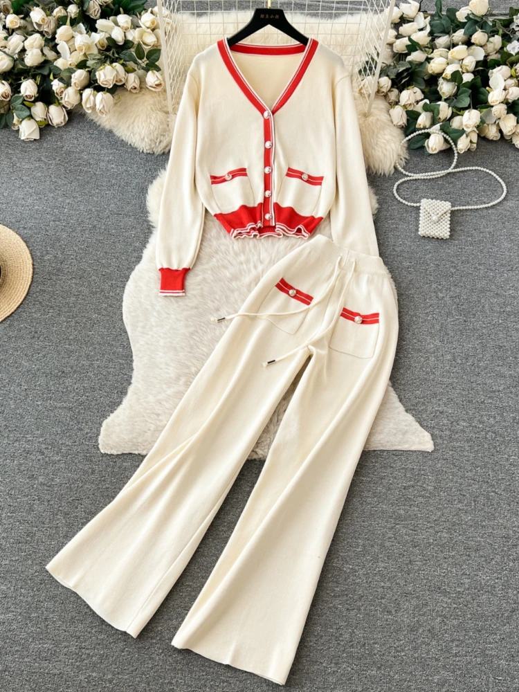 

Two Piece Knit Set Women Long Sleeve Fashion Cardigan Elastic Waist Casual Winter Sweater Long Pants Suit