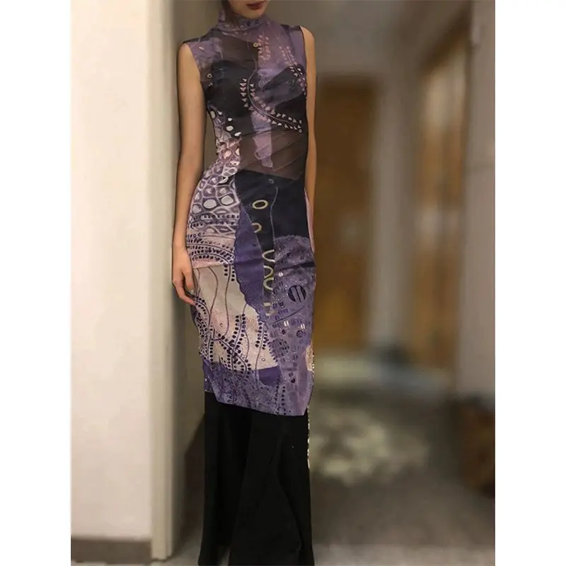 

Новое платье 2024 года с высоким воротником, длинное, в стиле миллениум, с волнообразным узором, в стиле Дуньхуан, с эффектом памяти, с изображением Будды, эластичное, сетчатое, А-силуэт, юбка-трапеция