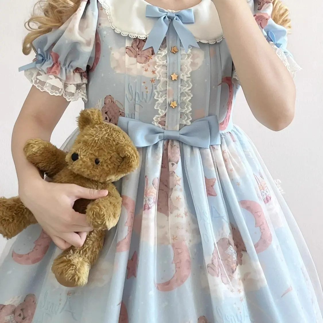 

Летнее мини-платье в стиле Лолиты Kawaii, женское милое платье со звездами и лунным медведем, японское праздничное платье с коротким рукавом и бантом