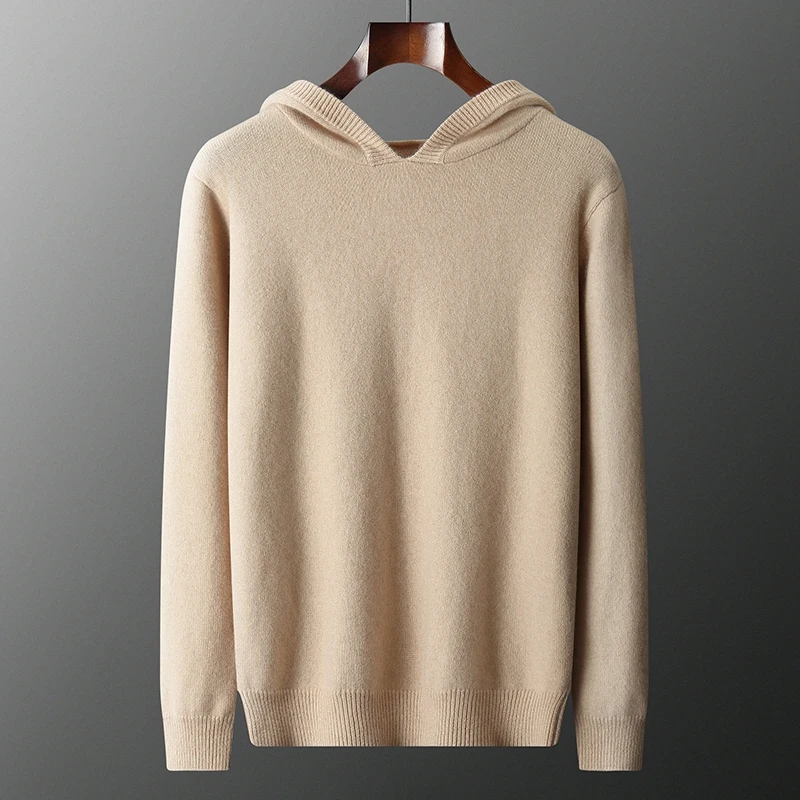 

100% Cashmere Hooded Sweatshirt for Autumn Winter Thick and Warm Knit Pullover Casual Loose Long Sleeved Solid Color