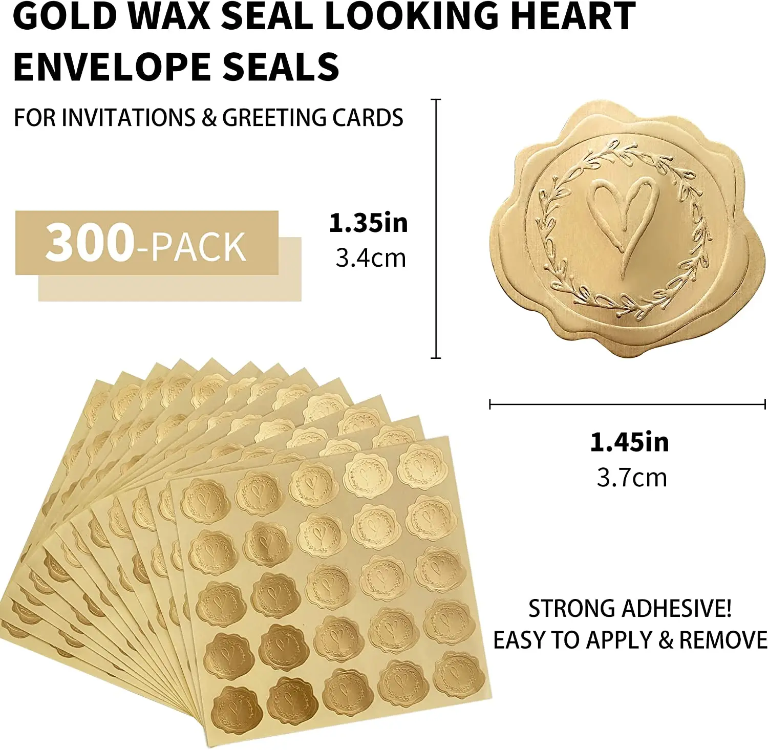 300pcs Gold Embossed Wax Seal Looking Heart Envelope Seals for Wedding Invitations Greeting Cards