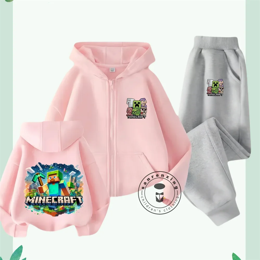 2025 Minecraft Spring Fall Boys Girls Hip Hop Soft Cotton Sleeve + Long Pants Cartoon Cartoon Sports Zipper Hoodie Fashion Set