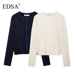 EDSA Women Patchwork Pullover Knitted Sweater Vintage O-Neck Long Sleeves Female Chic Lady Coat Tops