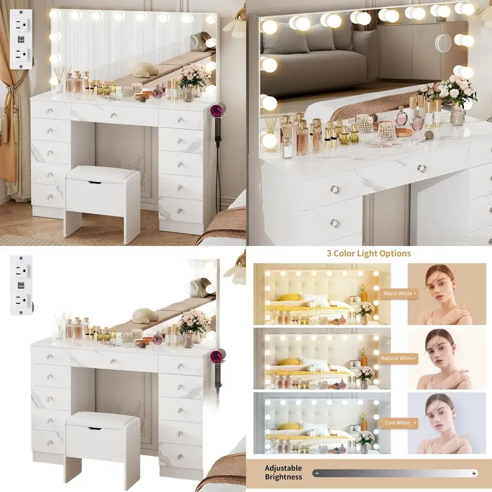 Illuminated Makeup Vanity Desk with 11 Drawers, Adjustable 3-Color Light, 46 Marble Top, and Cushioned Stool