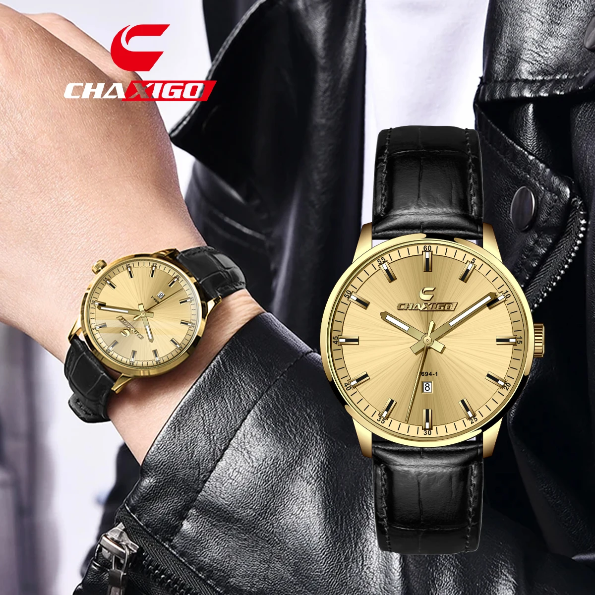 

CHAXIGO Men's Business Leather Strap Watch, Date Display, 30m Water Resistance, Luminous Markers, Lightweight Design
