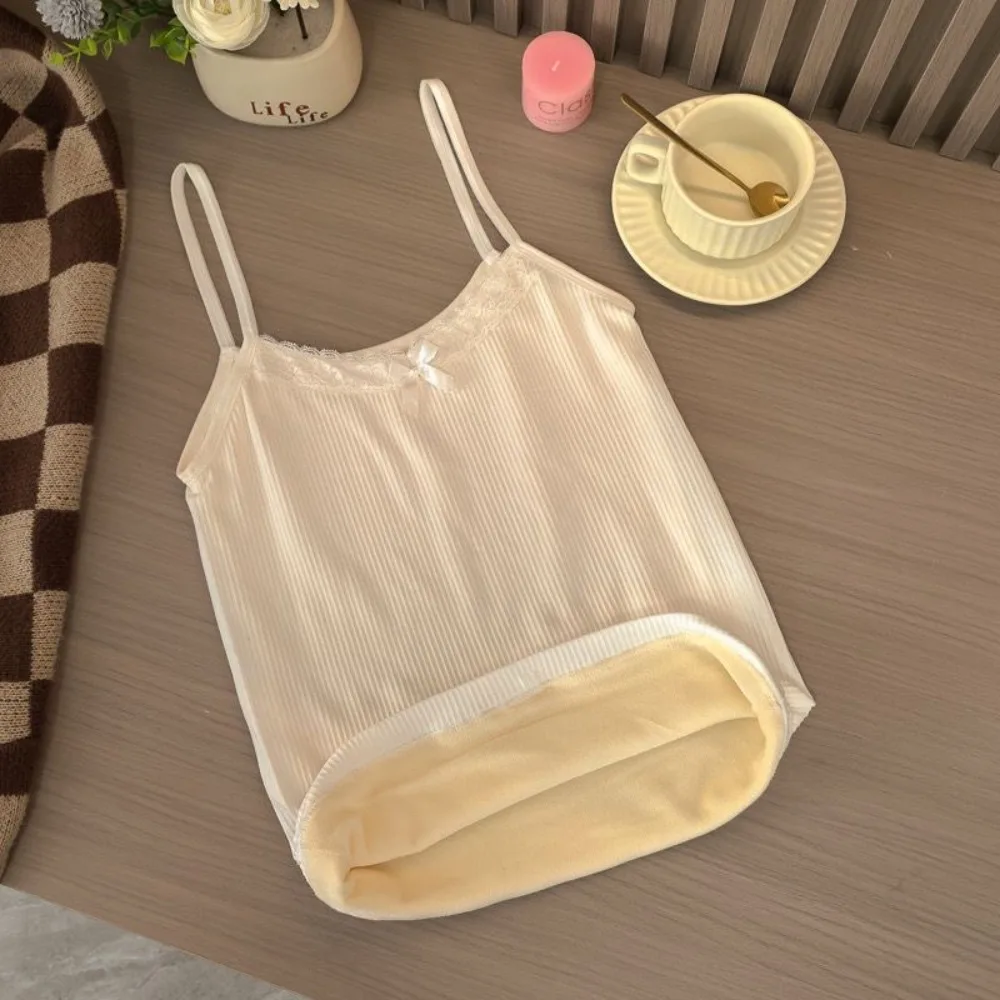 

Sweet Fleece-lined Women Warm Lace BowTank Top Thicken Comfortable Warm Undershirt Sleeveless Thermal Tops Autumn Winter
