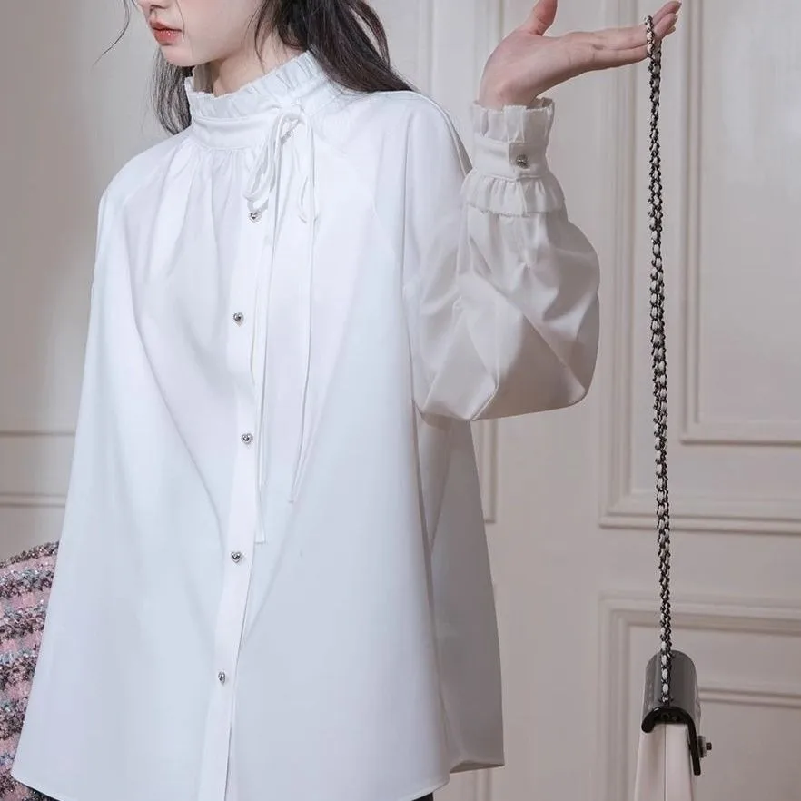 

Весенняя женская блузка с высоким воротником и рюшами, свободного кроя, с длинными рукавами, из шифона, с 3D цветочным принтом, для коррекции фигуры