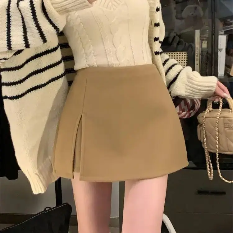 Designed Double-Layer Slit Thickened Hip-Covering Skirt Women Autumn Winter Simple Temperament A-Line Slimming Short Skirt