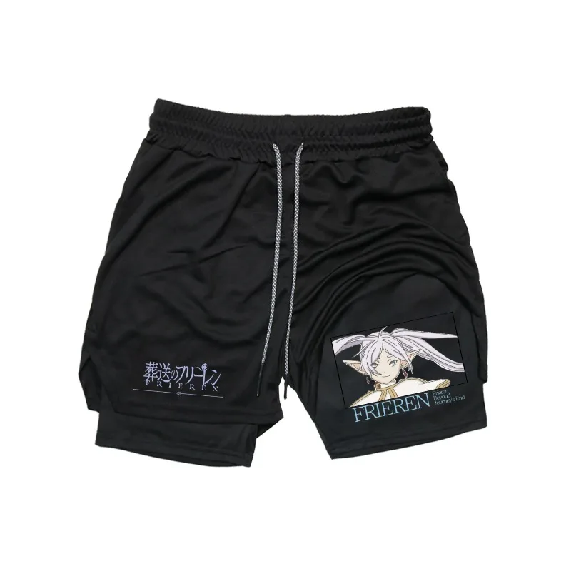 

Frieren Print 2in1 Шорты для тренировок для бега Мужские компрессионные шорты для спортзала с карманом для телефона Петля для полотенец Спортивная спортивная одежда