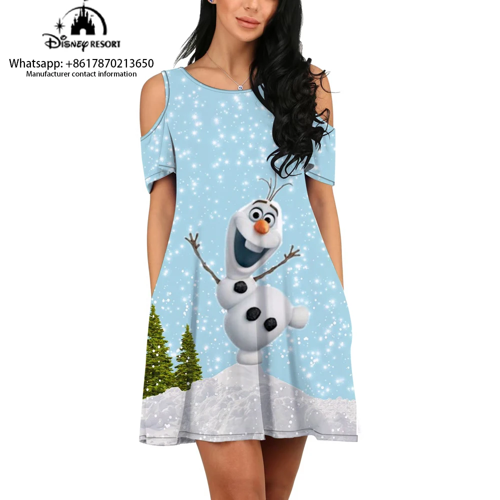 

Frozen cartoon print new casual off-shoulder dress women's round neck print dress cartoon print dress