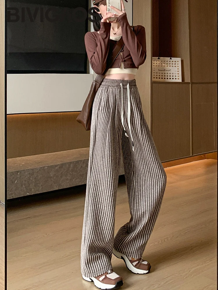 BIVIGAOS Vertical Striped Woolen Pants Women High Waist Straight Leg Retro Casual Trousers Drawstrings Lazy Wide Leg Pants