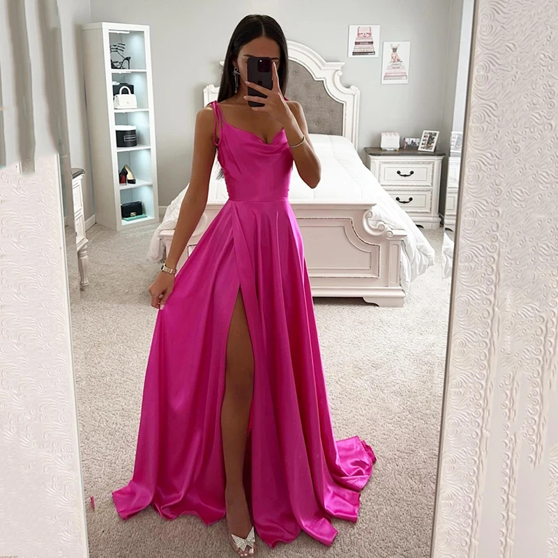 

Thinyfull 2023 A-Line Prom Dresses Spaghetti Straps High Split Evening Dress Formal Satin Cocktail Party Prom Gowns Custom Size