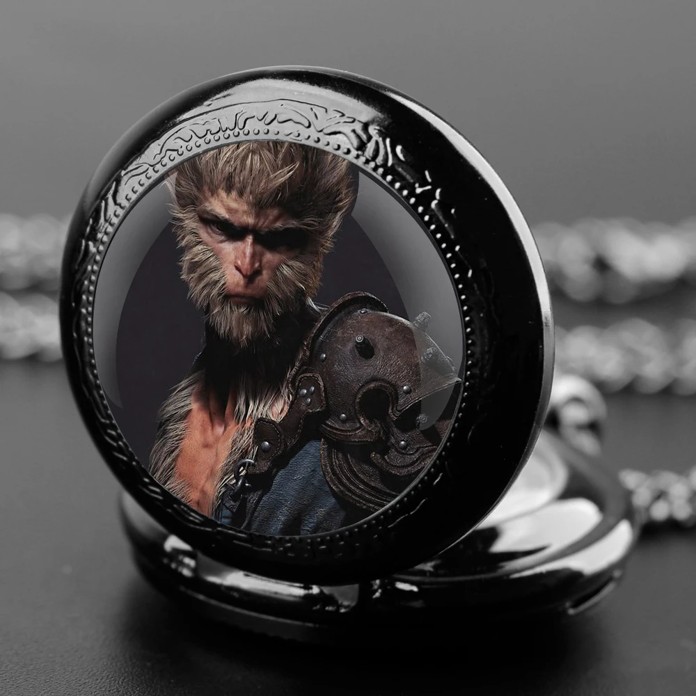 Black Myth: WuKong Game Glass Dome Vintage Arabic Numerals Quartz Pocket Watch Necklace Pendant Clock Chain Mens Boys Gift