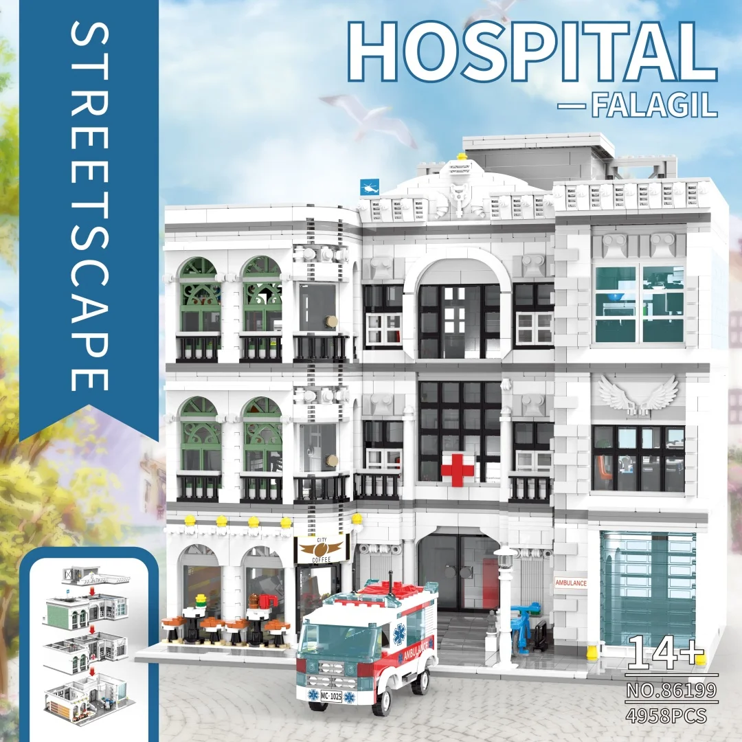 4958 ELEMENTÓW Zestaw Budynków Szpitalnych, z 17 Figurkami Architektura Miejska Modułowy Model do Składania z Klocków, Prezent dla Dorosłych