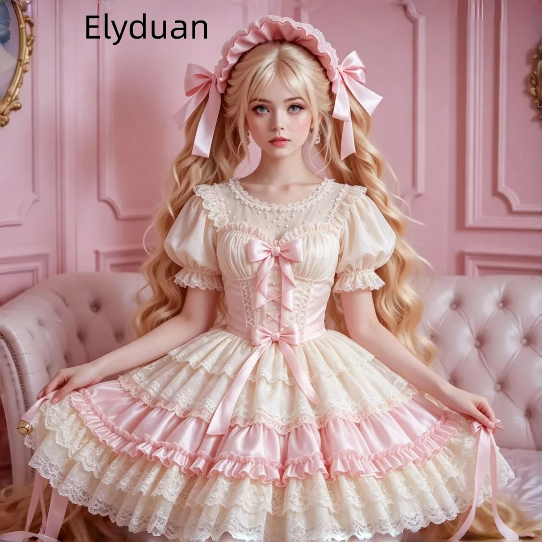 Cream Pink Lolita Corset Mini Prom Dress Puff Sleeve Multi Lace Ruffle Bow Birthday Gown Doll Cospplay Party Costume Customized