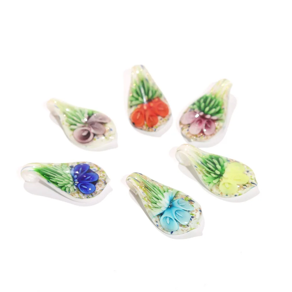 Qianbei 2025 Wholesale 6pcs Handmade Murano Lampwork Glass Mix Color Flowers Drop Pendant Beads Fit Necklace P0001