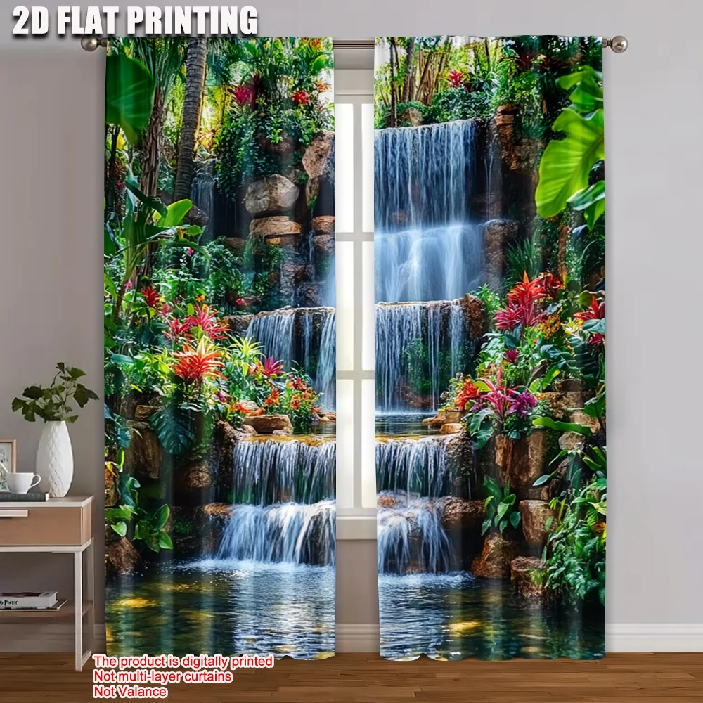 2 Stück 2D-Flachdruck-Vorhänge, Wasserfall mit üppigem tropischen, langlebigen Stoff aus 100 % Polyester, ohne Strom, Familienparty für