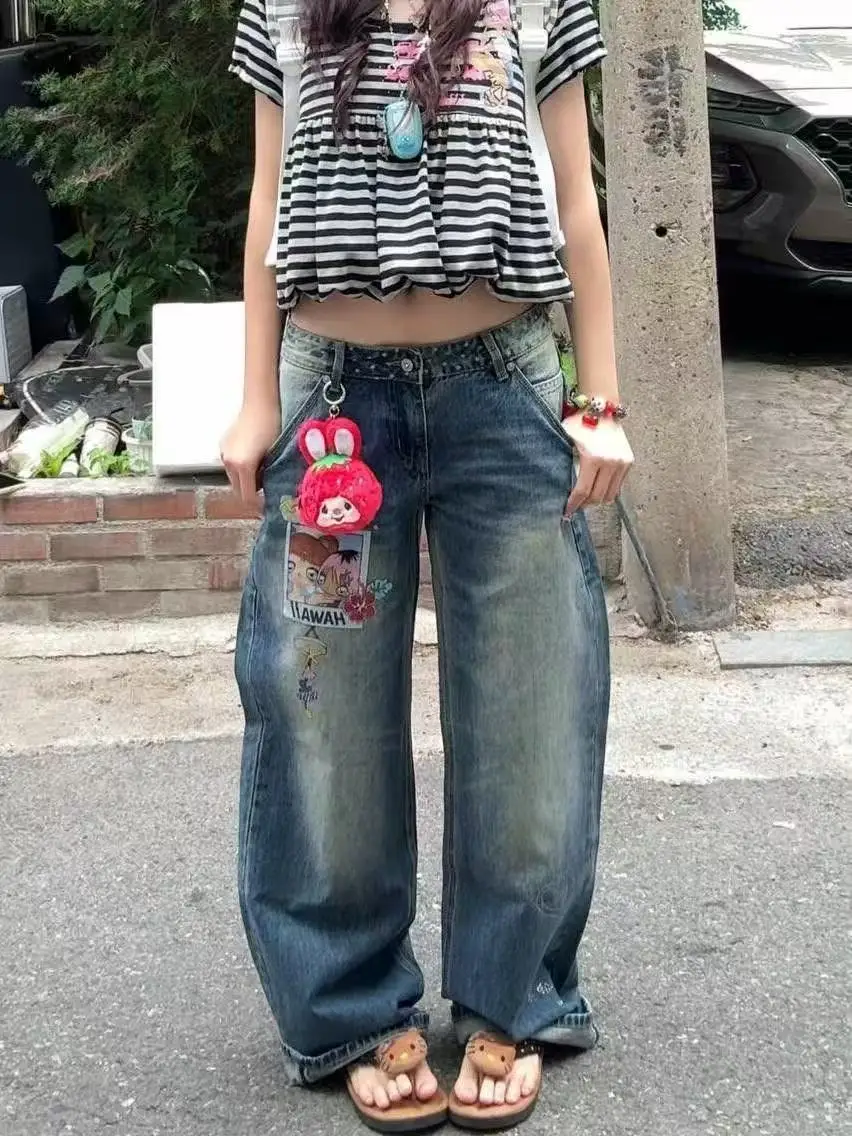 Women's Baggy Jean Denim Pants Cute Core Embroidery Y2K Japanese Harajuku Jean American Retro Tide Streetwear Designer Pantalone