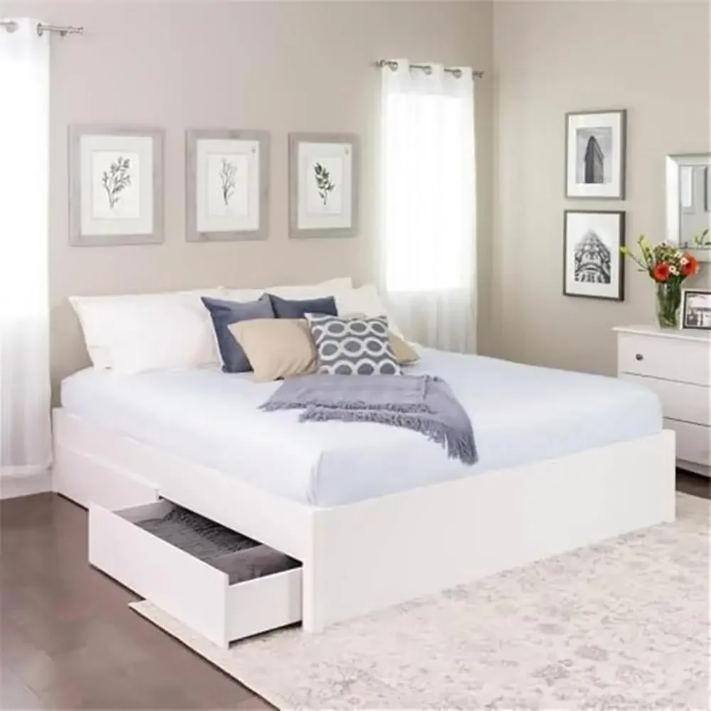 Modern King Size Platform Bed with 4 Drawers Storage White Wood Slat System 500lbs Capacity