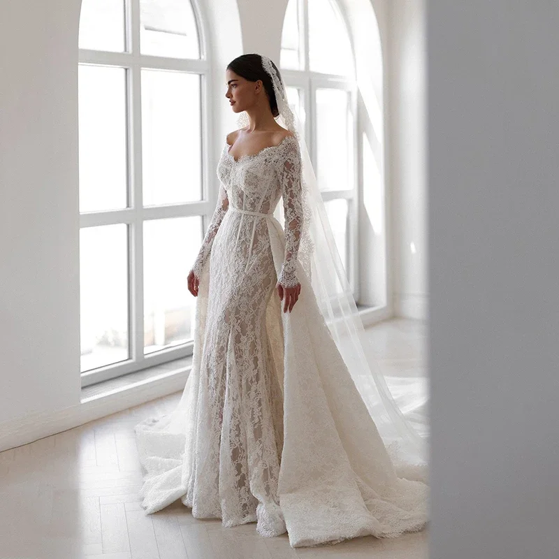 Customized Elegant Mermaid Wedding Dresses Off The Shoulder Long Sleeve Lace Bridal Dress Formal Wedding Ball Prom Gown