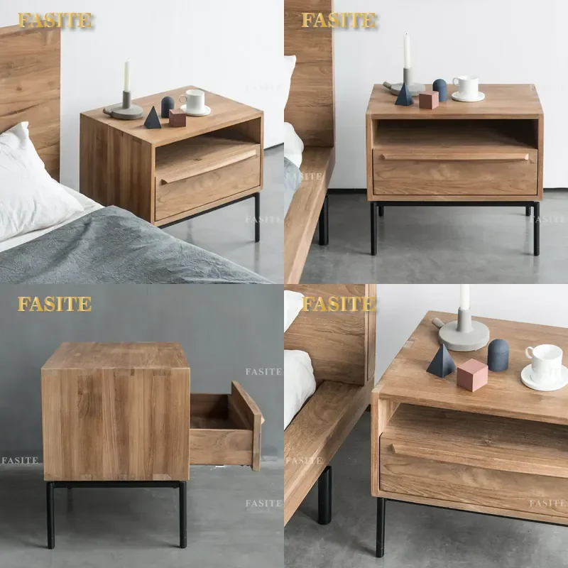 For Mountain Living Imported Teak Bedside Table Medium Antique Wrought Iron Solid Wood Simple Modern Style Suitable