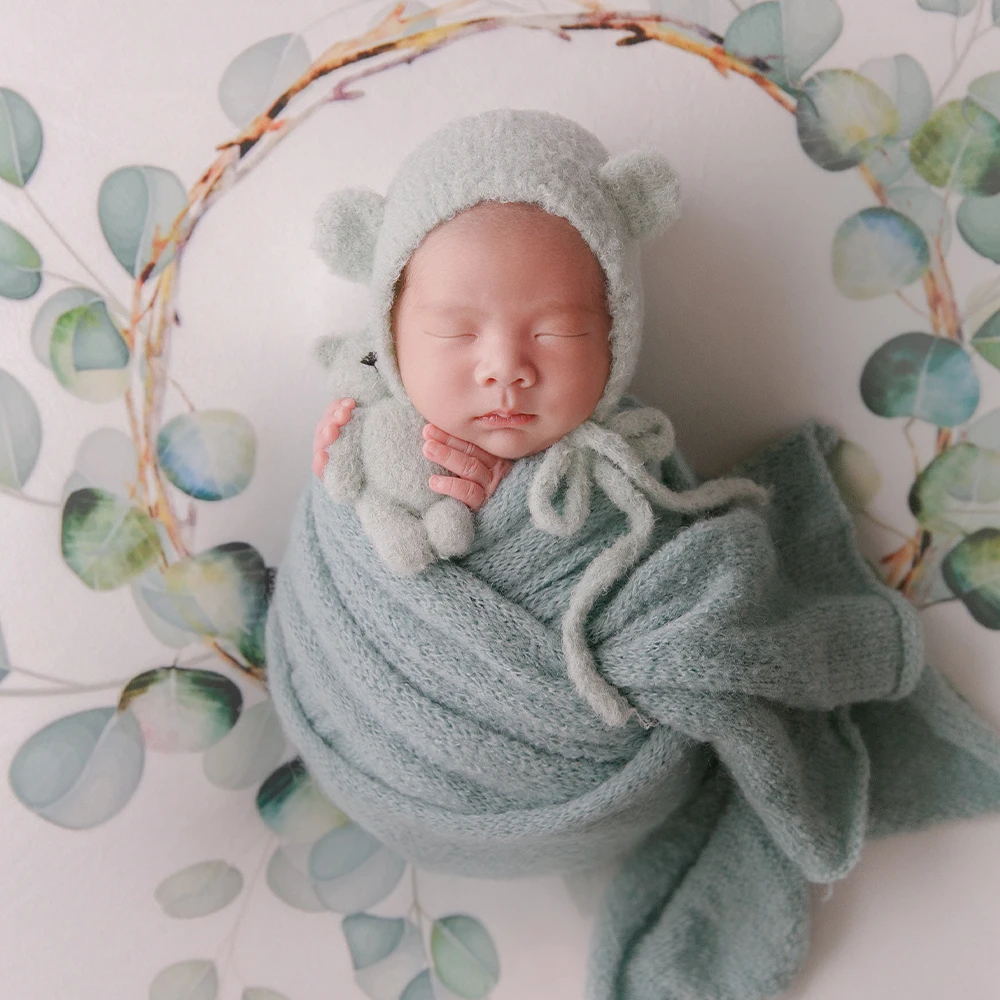 Newborn Photography Wraps Bear Theme Props Knitted Hat Bear Doll Soft Stretchable Wrap Studio 0-1 Month Baby Photo Accessories