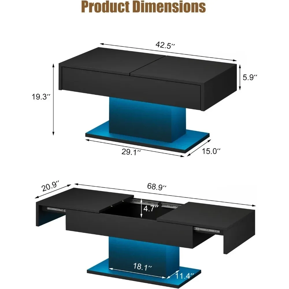 Mesa de centro led xmsj para sala de estar, mesa moderna com tampo deslizante, com armazenamento oculto, alto brilho