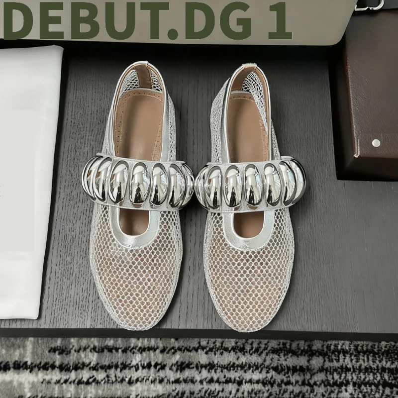 Fashion Runway Flat Ballet Shes | Mesh Cross-Strap | Leather & Mesh Upper | Lambskin Lining & Non-Slip Sole