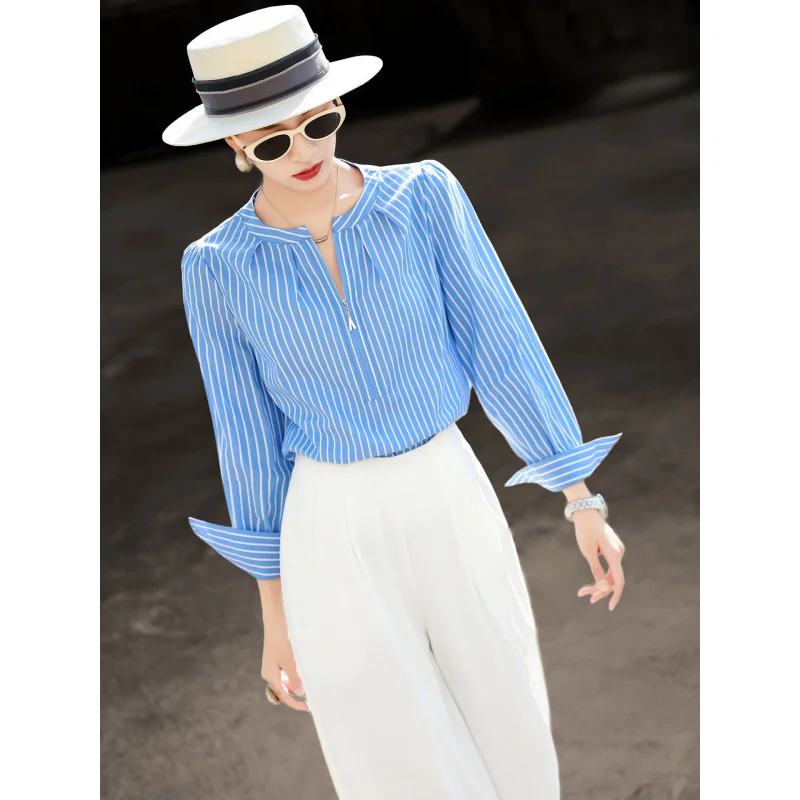 

MEXCOCO 2026 Spring Summer Striped Shirt Women Half Zip V Neck Long Sleeve Elegant Commuter Blouse
